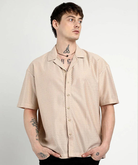Men's Beige Textured Cuban Collar Shirt – Casual Half Sleeves