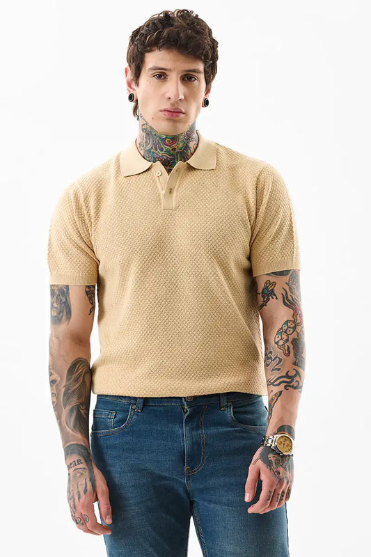 Men’s Textured Beige Polo T-Shirt