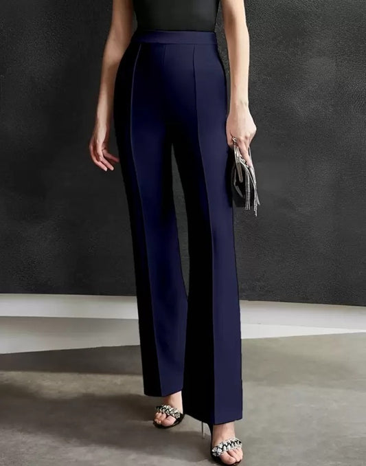 Women Regular Fit Cotton Blend Trousers Navy Blue)