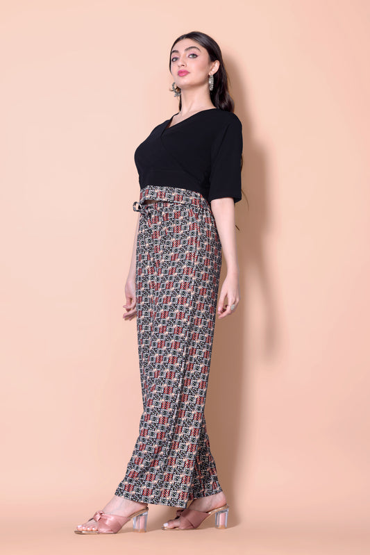 Black Printed Plazzo With V-Neck Plain Top