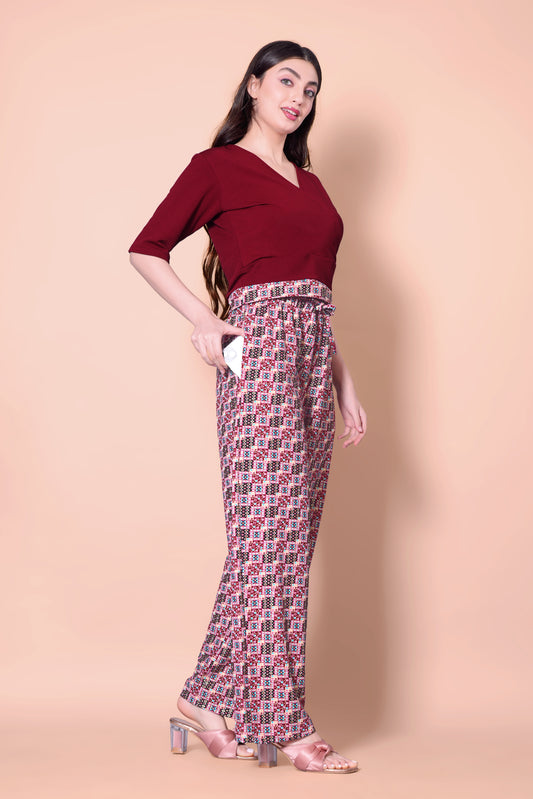 Maroon Printed Plazzo With V-Neck Plain Top (Copy)