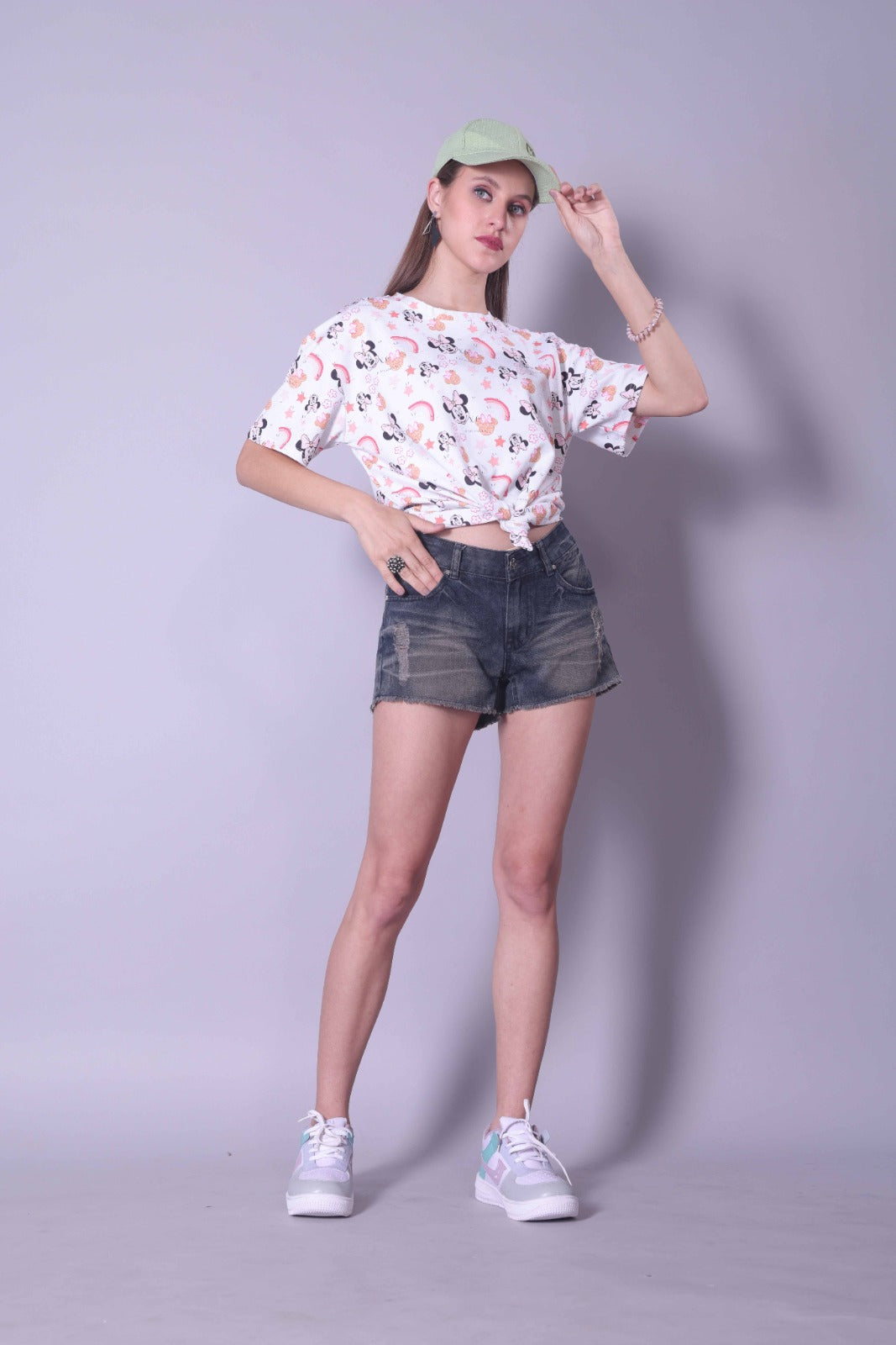 Drop Shoulder Women Cotton Blend Round Neck T-shirt (Minnie Mouse)