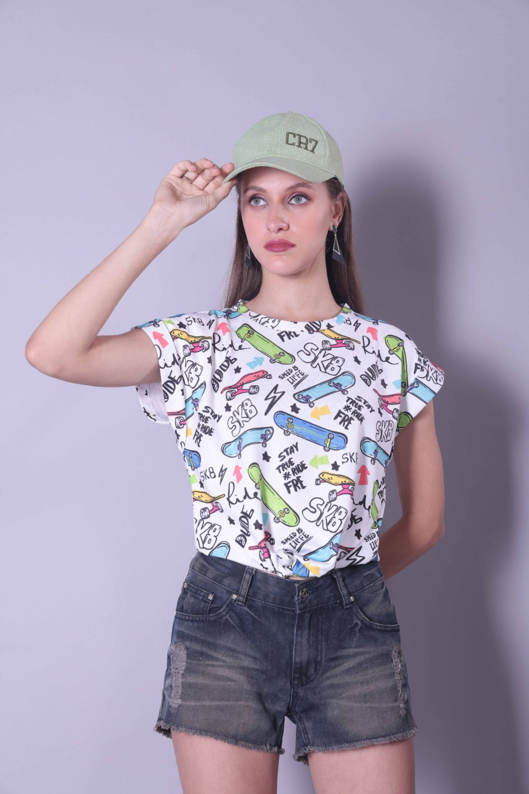 Drop Shoulder Women Cotton Blend Round Neck T-shirt (White)