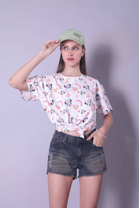 Drop Shoulder Women Cotton Blend Round Neck T-shirt (Minnie Mouse)