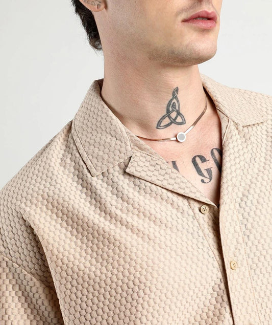 Men's Beige Textured Cuban Collar Shirt – Casual Half Sleeves