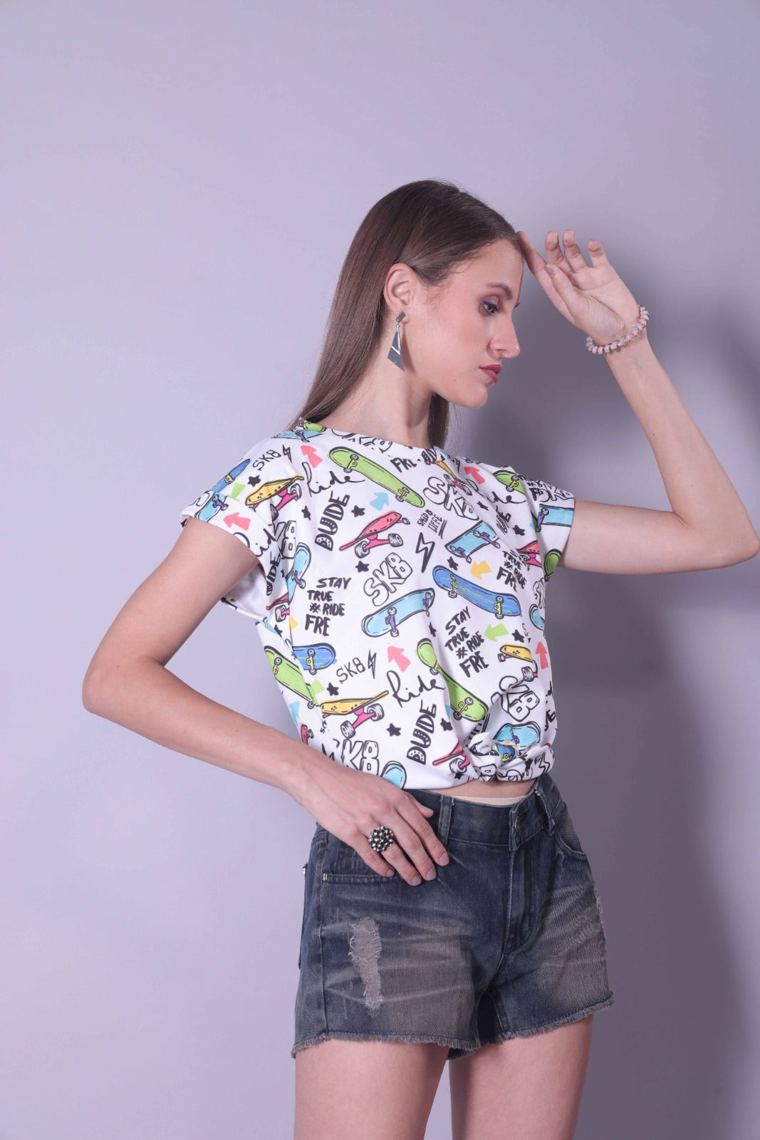 Drop Shoulder Women Cotton Blend Round Neck T-shirt (White)