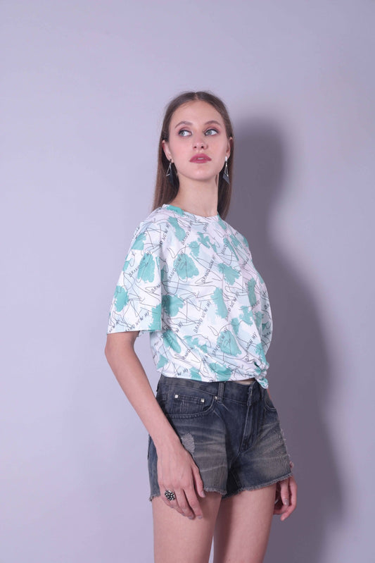 Drop Shoulder Women Cotton Blend Round Neck T-shirt (Green)