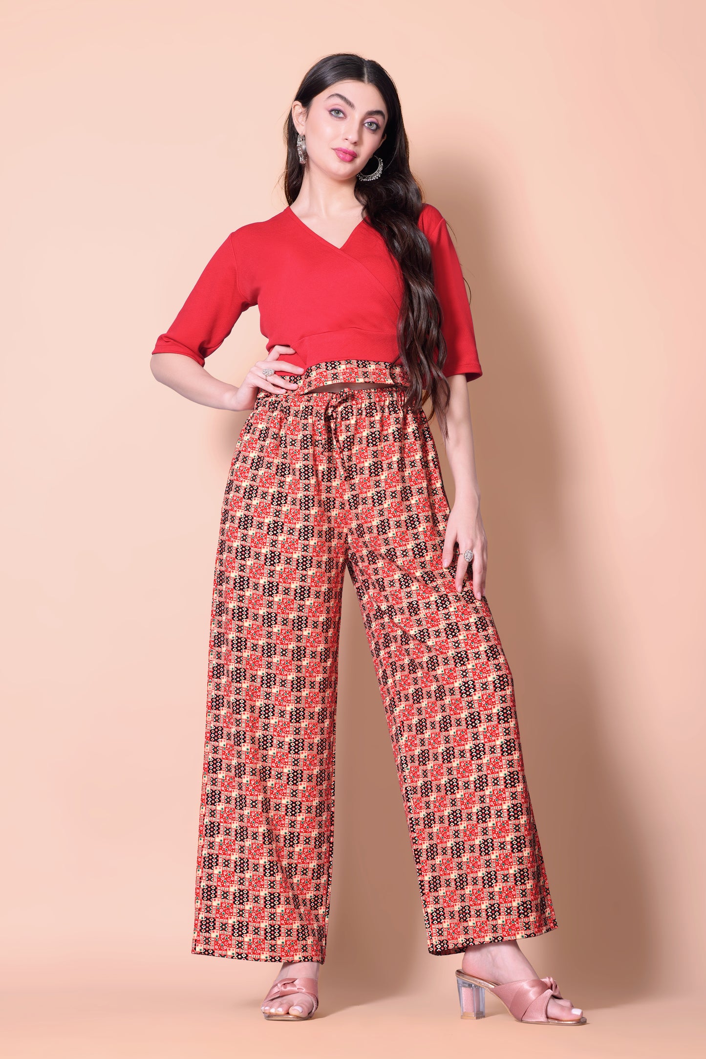 Printed Plazzo With V-Neck Plain Top