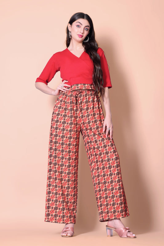 Printed Plazzo With V-Neck Plain Top