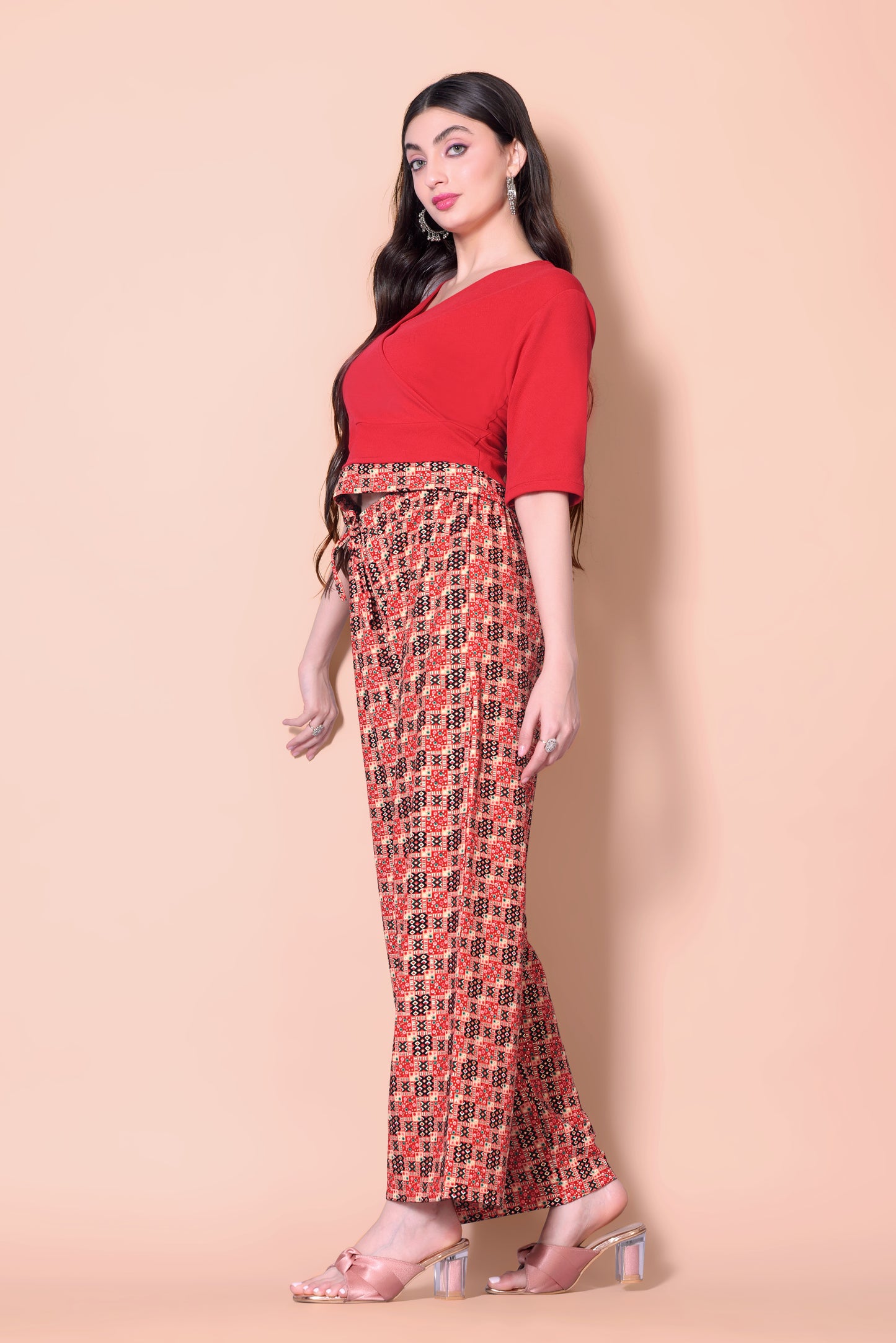 Printed Plazzo With V-Neck Plain Top