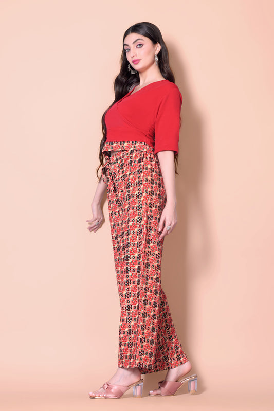 Printed Plazzo With V-Neck Plain Top