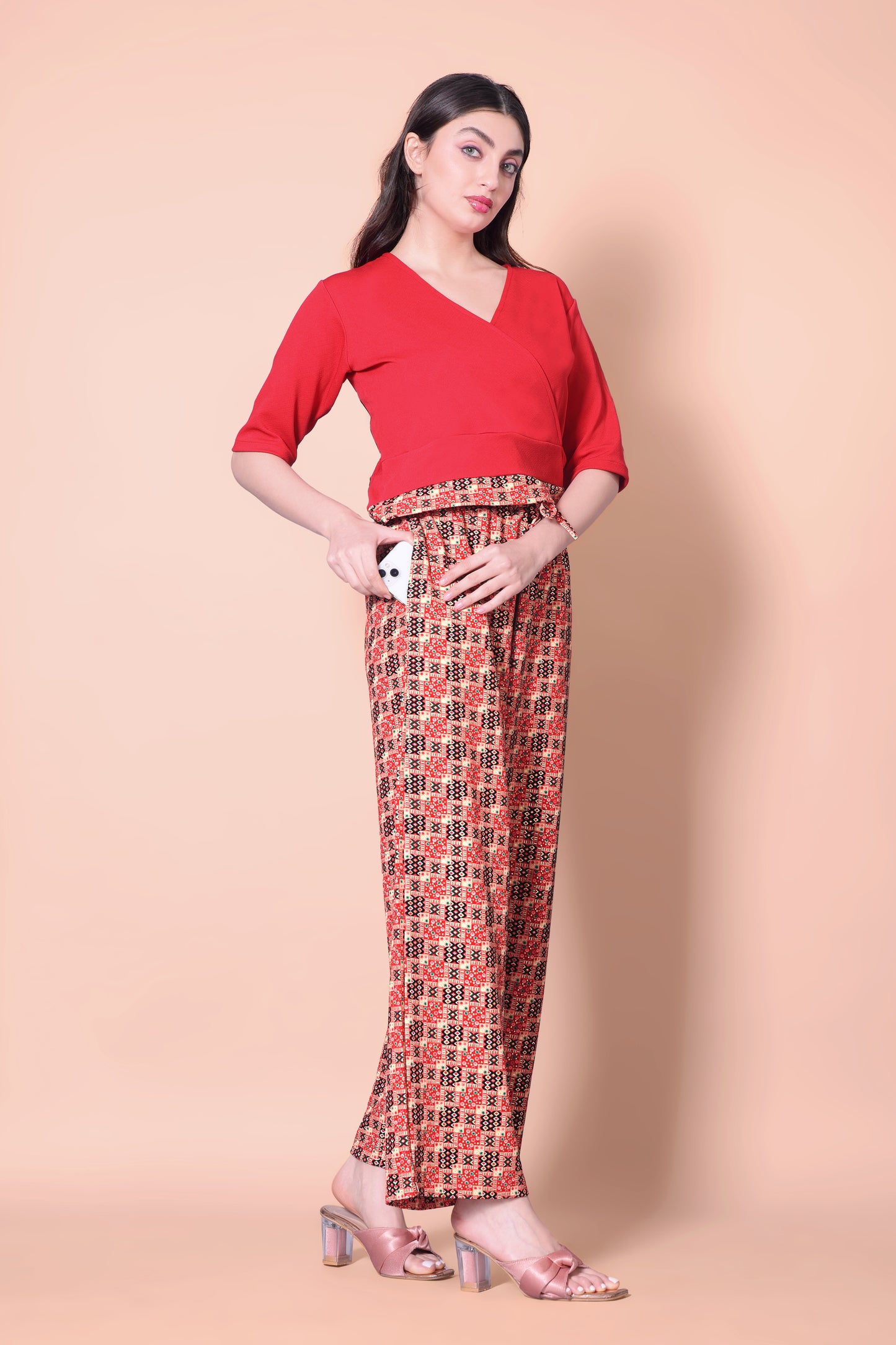 Printed Plazzo With V-Neck Plain Top