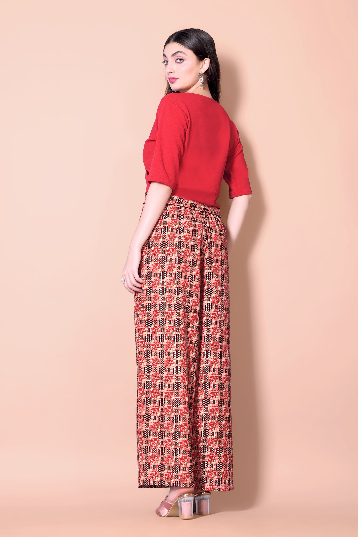 Printed Plazzo With V-Neck Plain Top