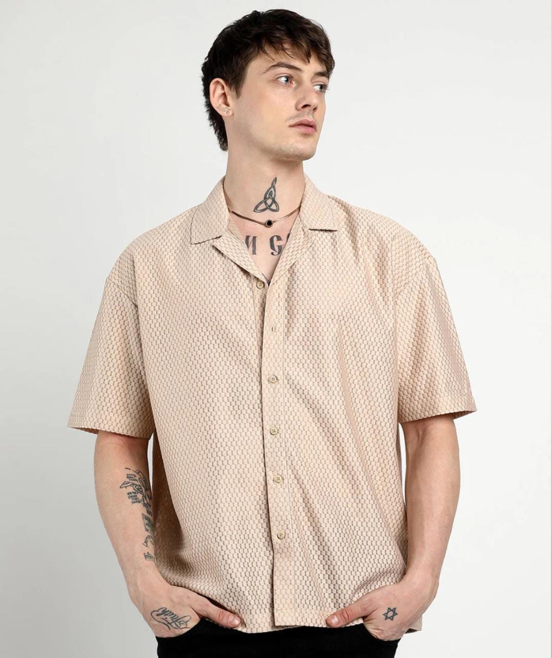Men's Beige Textured Cuban Collar Shirt – Casual Half Sleeves