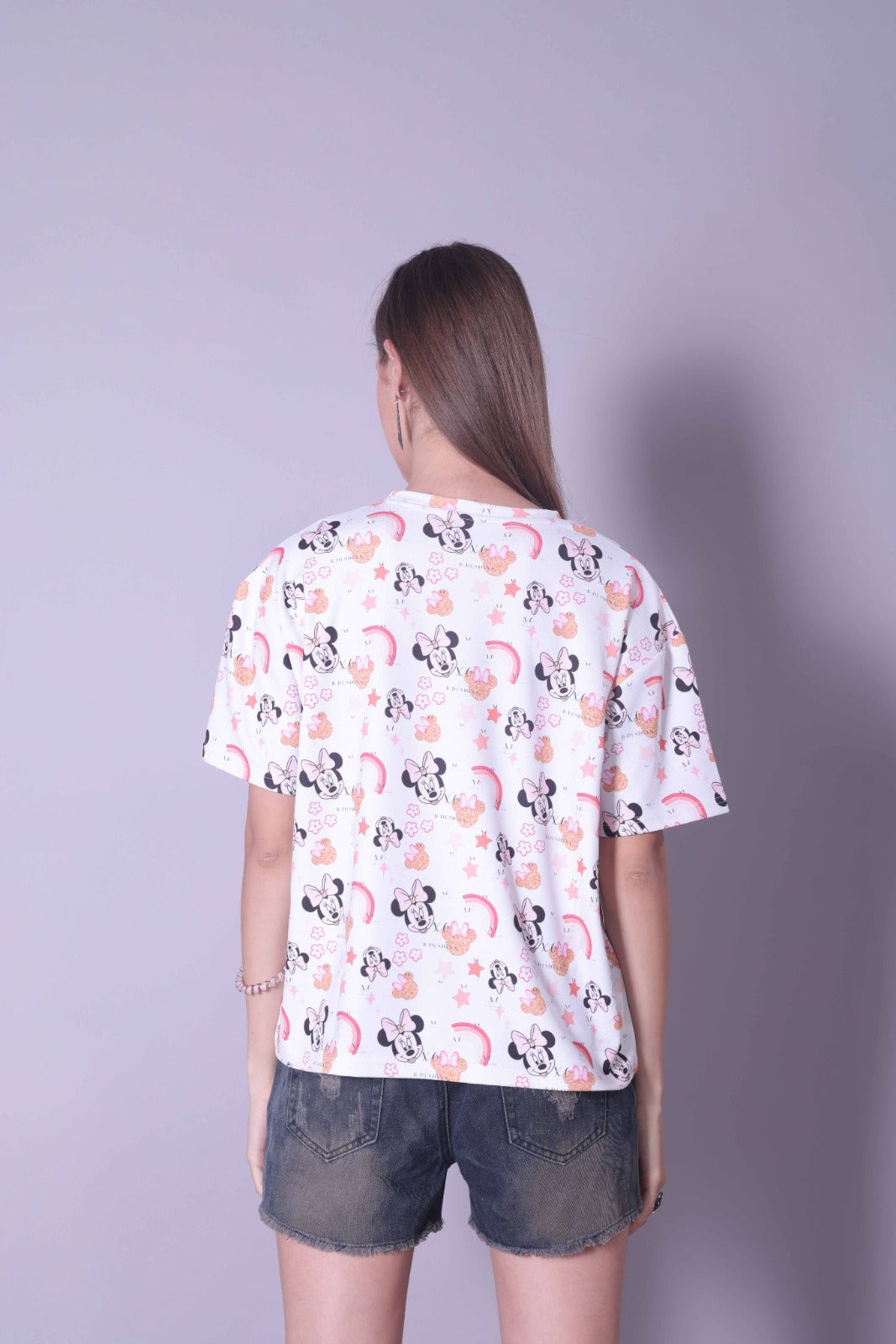 Drop Shoulder Women Cotton Blend Round Neck T-shirt (Minnie Mouse)