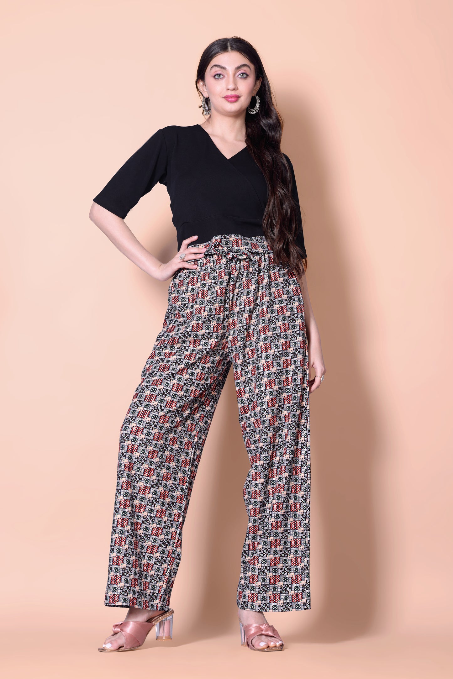 Black Printed Plazzo With V-Neck Plain Top