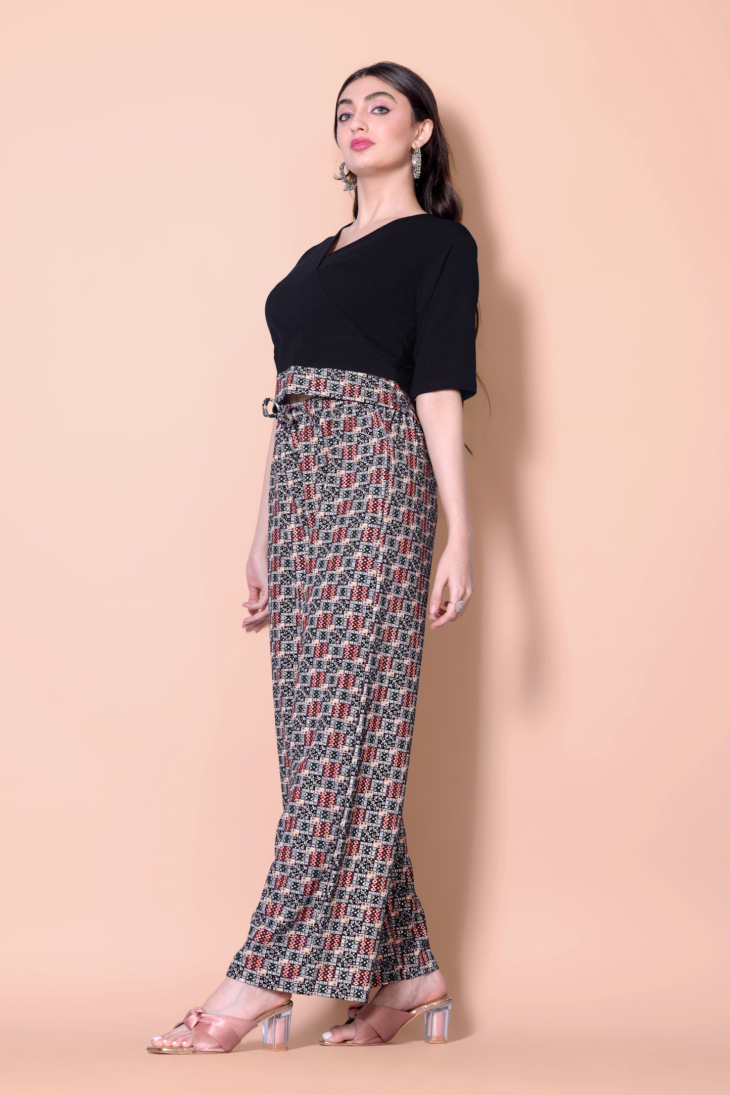 Black Printed Plazzo With V-Neck Plain Top