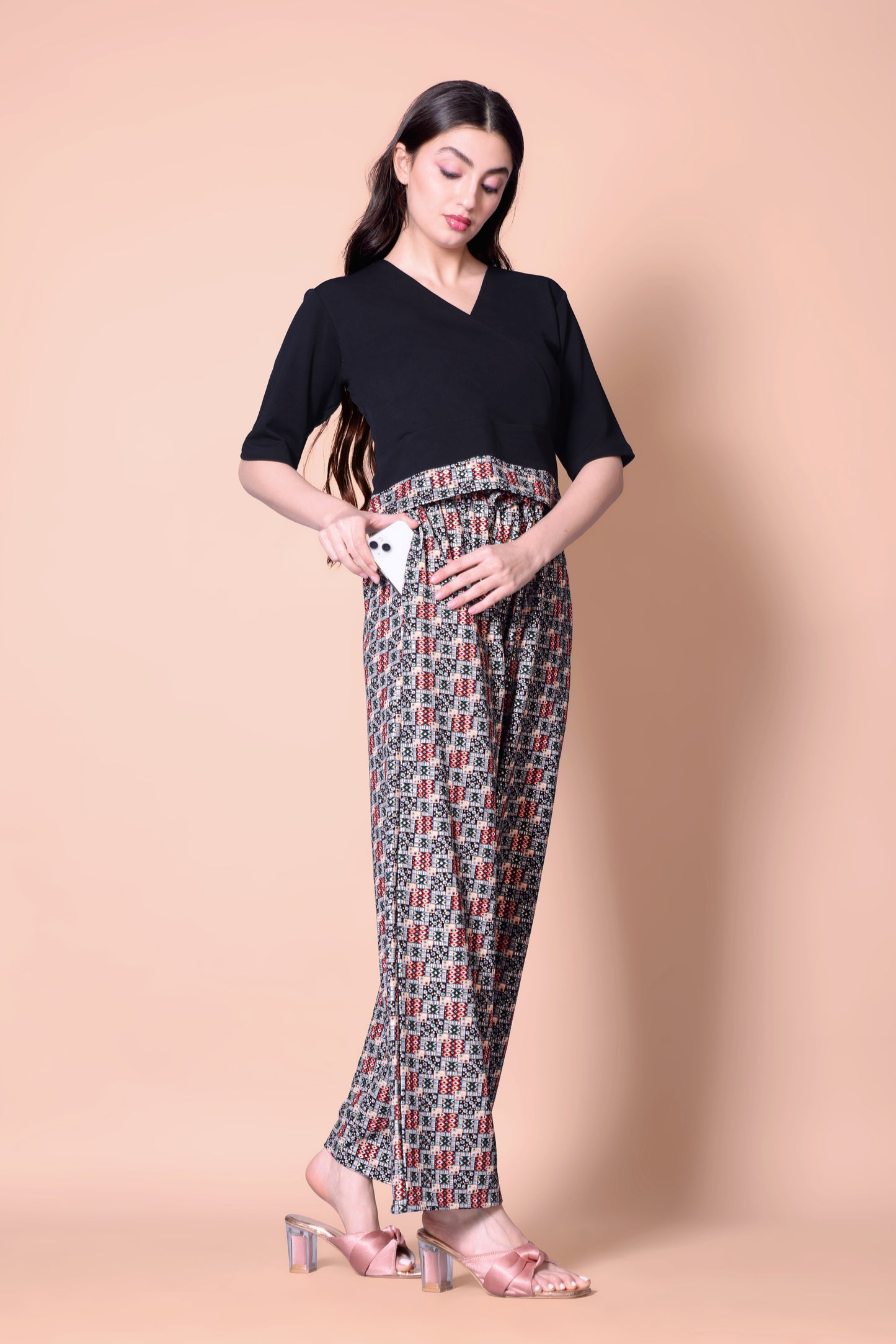 Black Printed Plazzo With V-Neck Plain Top