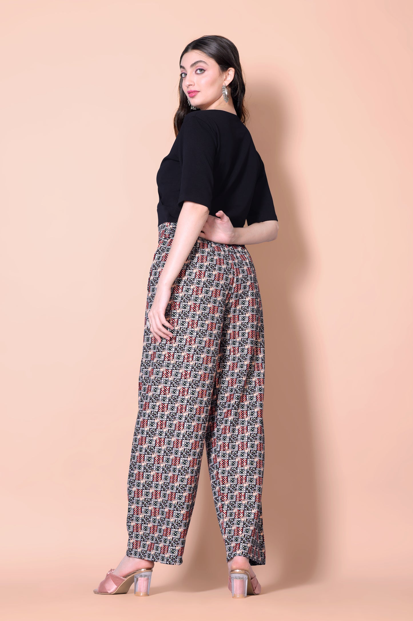 Black Printed Plazzo With V-Neck Plain Top