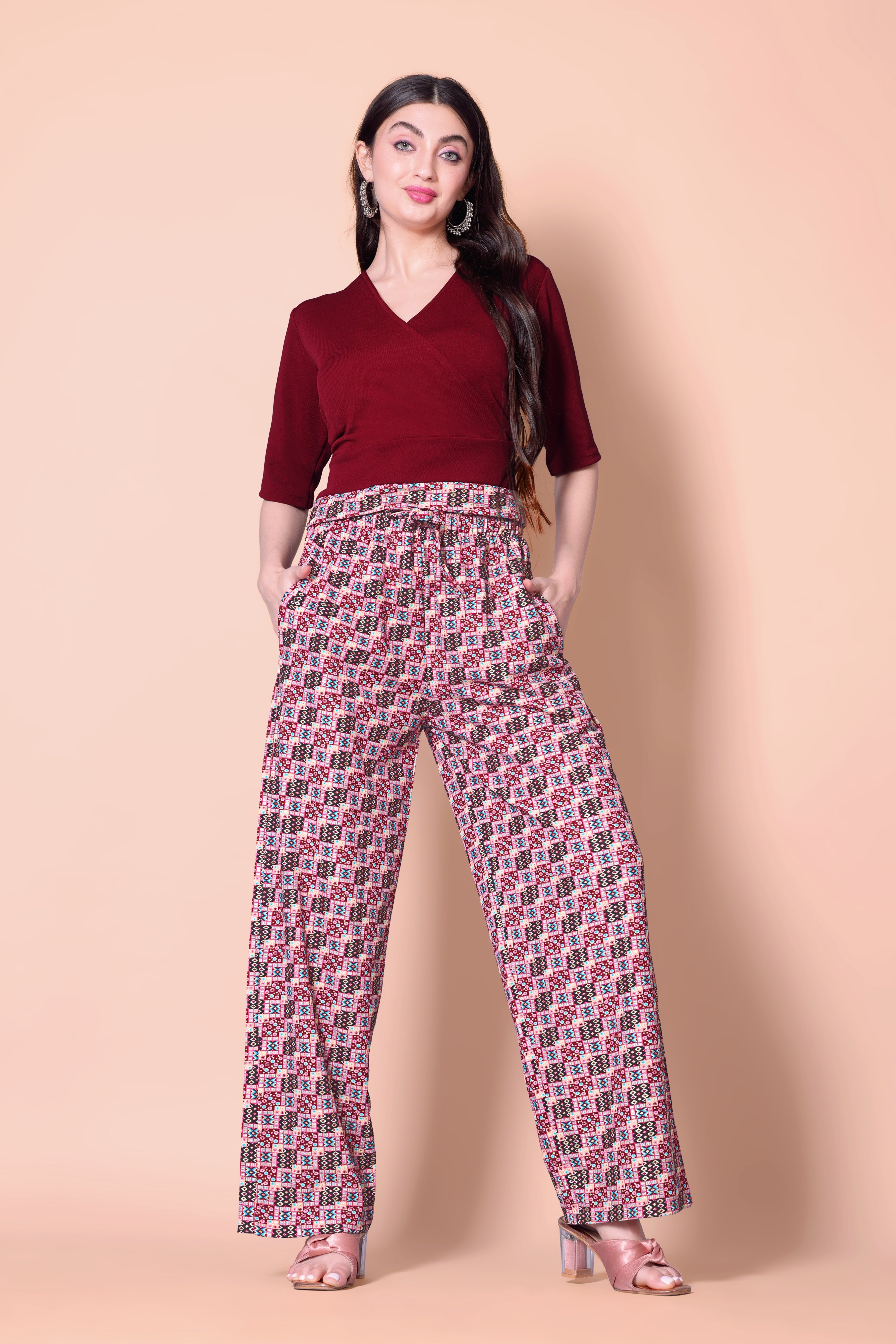 Maroon Printed Plazzo With V-Neck Plain Top (Copy)