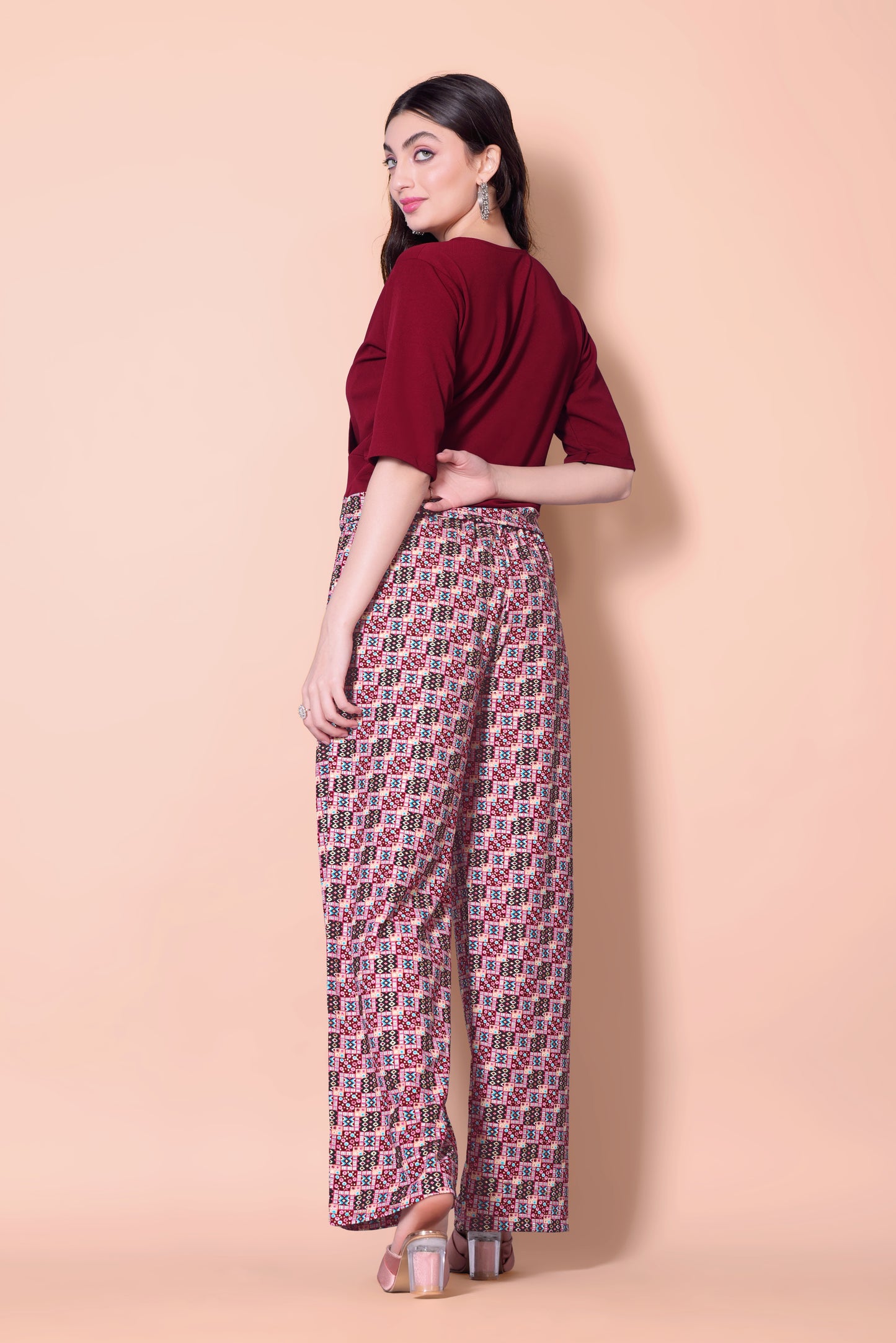 Maroon Printed Plazzo With V-Neck Plain Top (Copy)