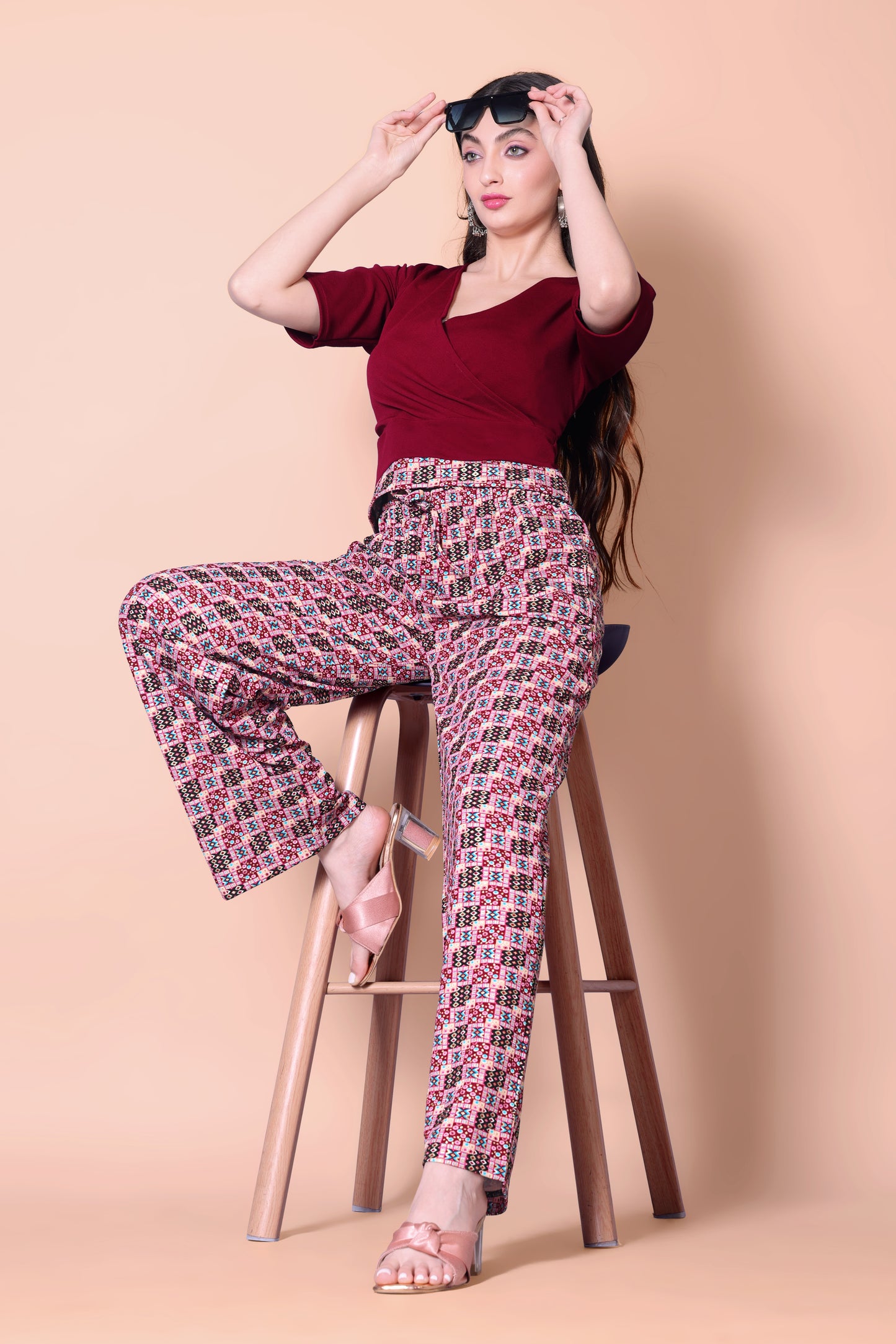 Maroon Printed Plazzo With V-Neck Plain Top (Copy)