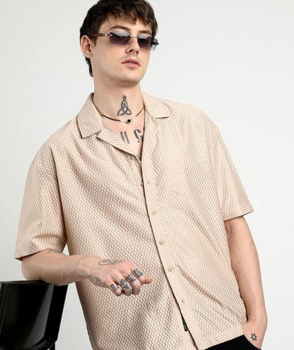 Men's Beige Textured Cuban Collar Shirt – Casual Half Sleeves