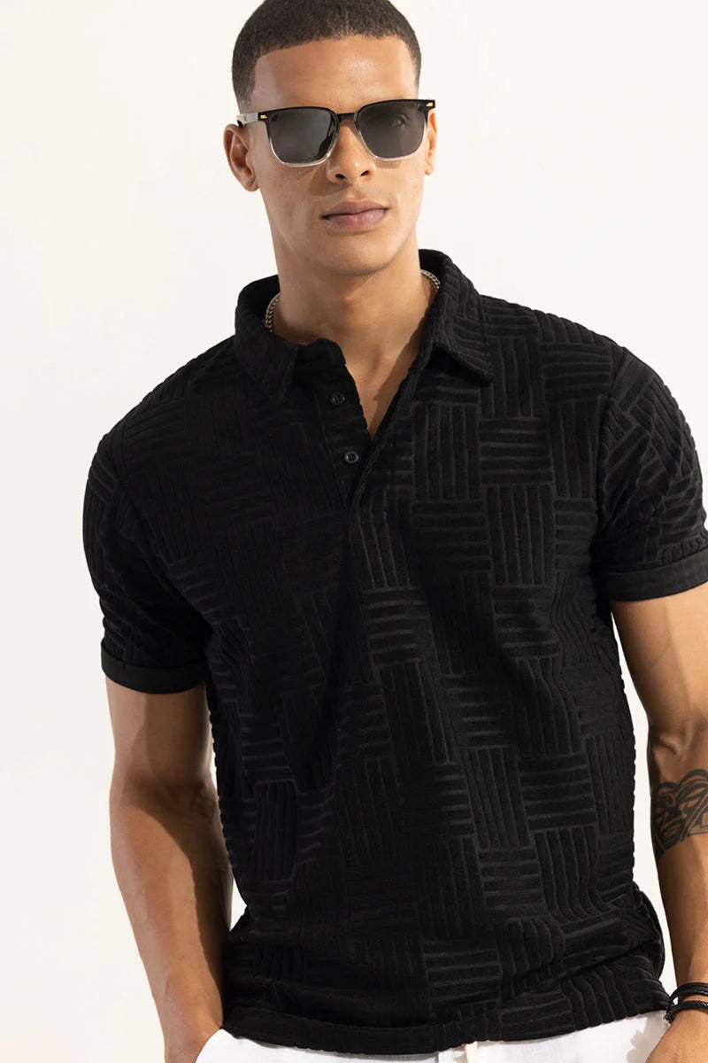 Men’s Black Textured Polo T-Shirt