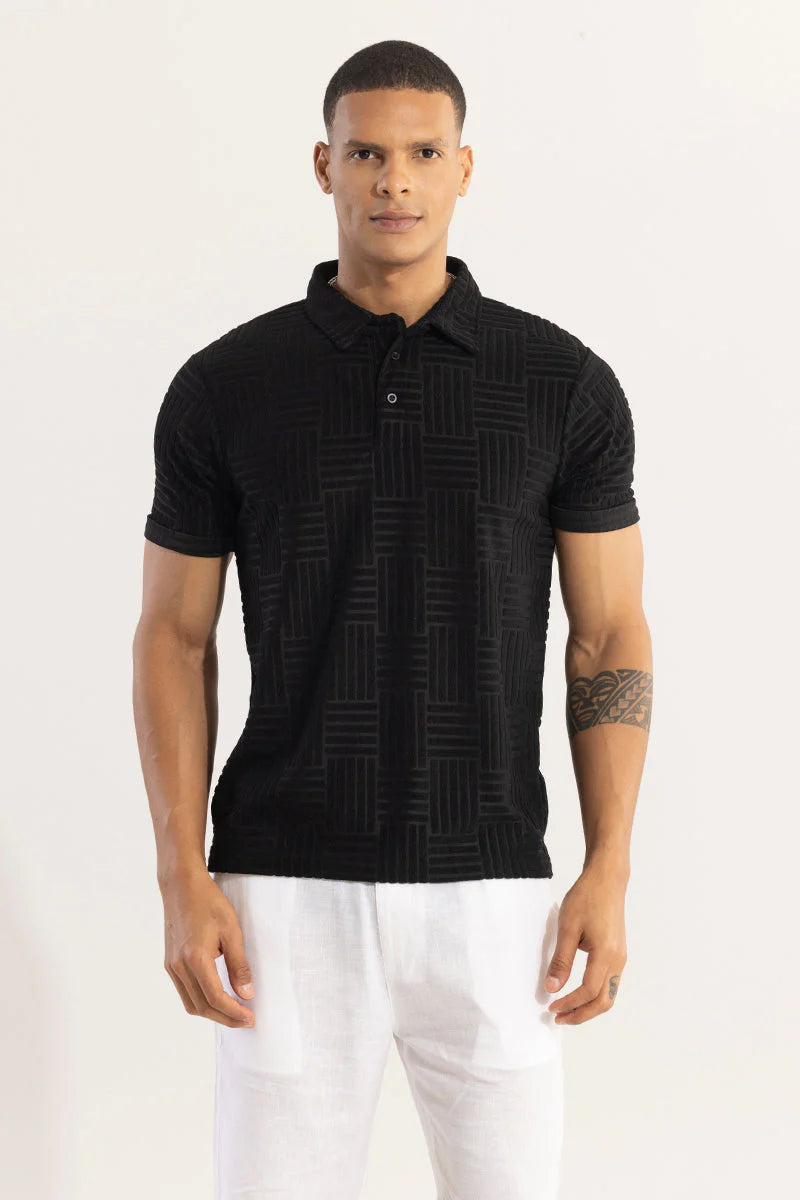 Men’s Black Textured Polo T-Shirt